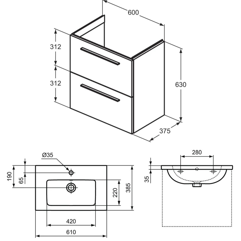 Ideal Standard i.life S 600mm Wall Mounted 2 Drawer Compact Vanity Unit & Basin