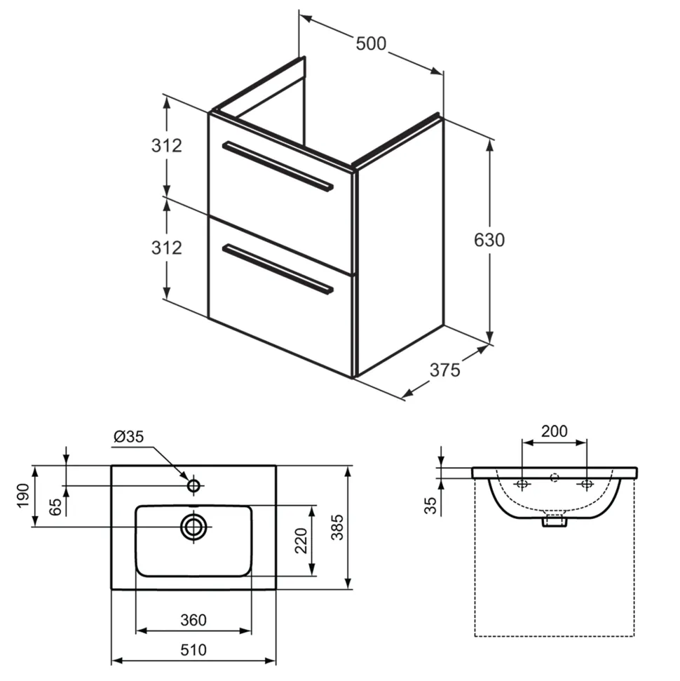 Ideal Standard i.life S 500mm Wall Mounted 2 Drawer Compact Vanity Unit & Basin
