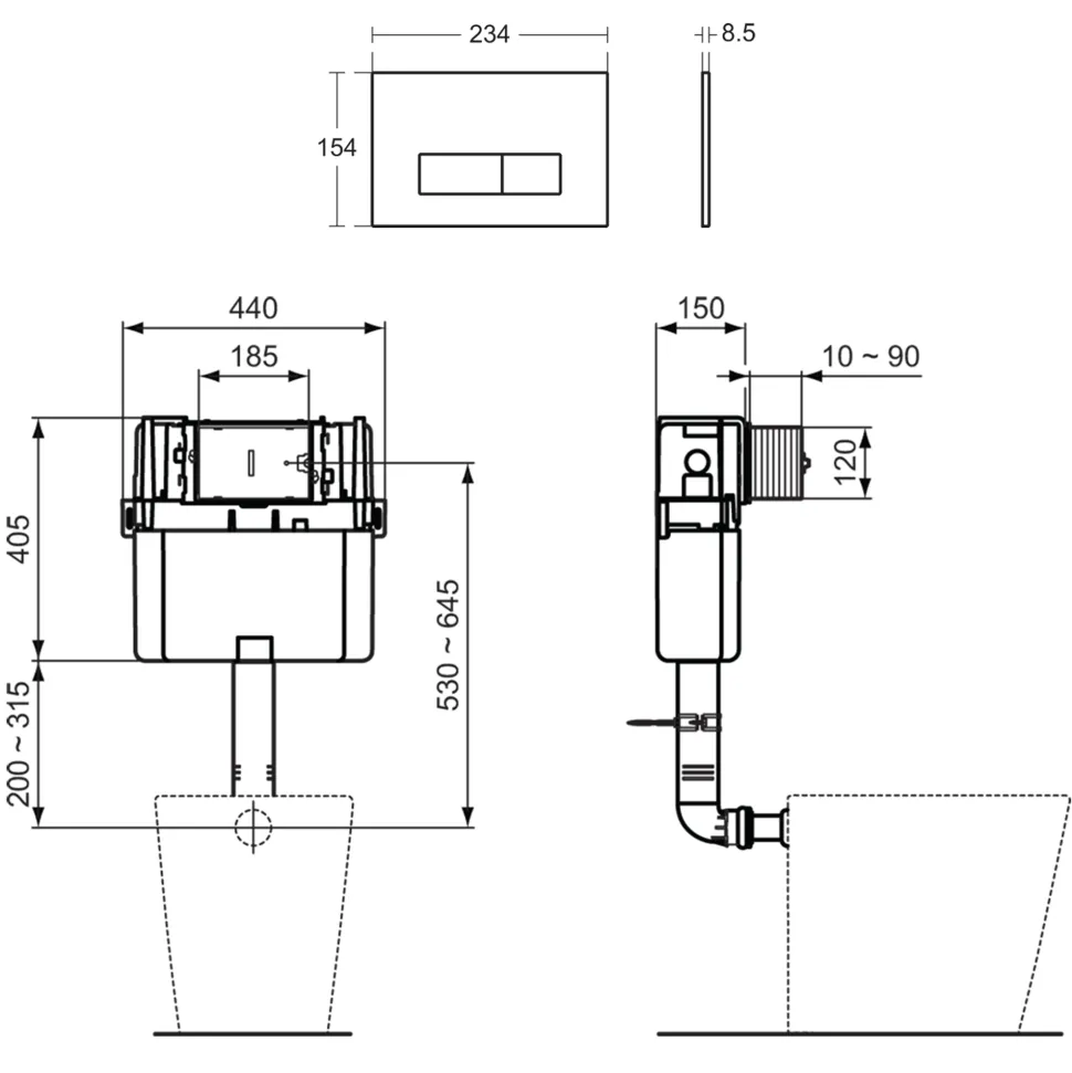 Ideal Standard ProSys WRAS Approved 150mm Depth Concealed Cistern & Chrome Dual Flush Plate