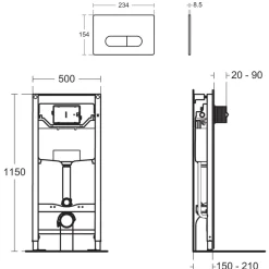 Ideal Standard ProSys WRAS Approved Wall Hung 1150mm WC Frame, Concealed Cistern & Chrome Dual Flush Plate