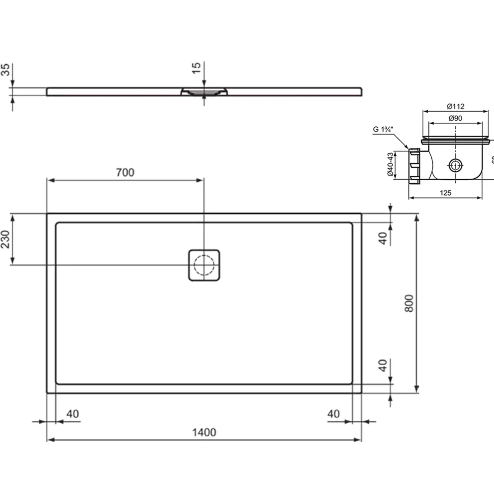 Ideal Standard Ultra Flat Evo Rectangular Anti-Slip Acrylic Shower Tray with Offset Waste - 4 Sizes