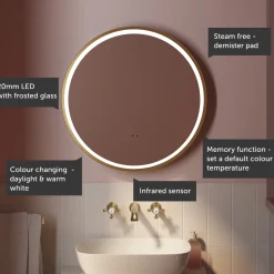 Isla LED Illuminated Round Brushed Brass Framed Mirror with Demister Pad & Colour Change LEDs - 600mm