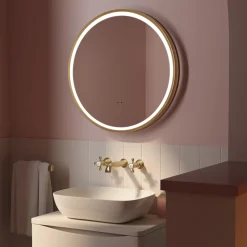 Isla LED Illuminated Round Brushed Brass Framed Mirror with Demister Pad & Colour Change LEDs - 600mm