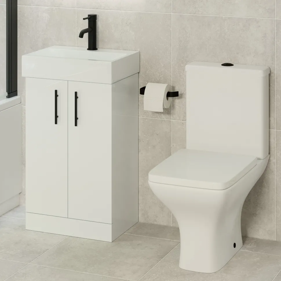 Jack Compact Rimless Toilet & Vanity Unit Bathroom Suite with Matt Black Handles