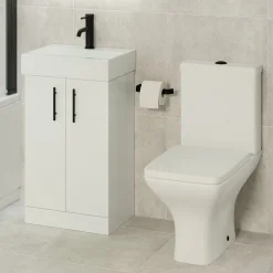 Jack Compact Rimless Toilet & Vanity Unit Bathroom Suite with Matt Black Handles