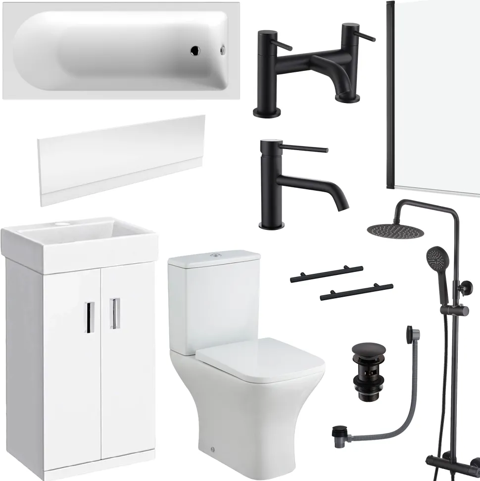 Jack Complete Matt Black Bathroom Suite with Shower Bath & Rimless Toilet