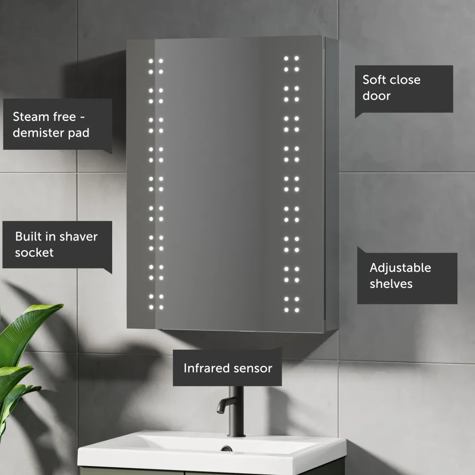 Jack LED Mirrored Cabinet with Demister Pad & Shaver Socket - 500 x 700mm