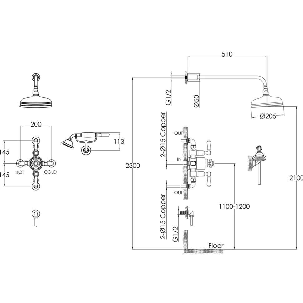 JTP Grosvenor Cross 2 Outlet Exposed Thermostatic Shower Valve with Shower Handset