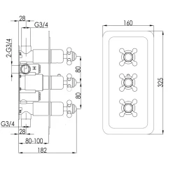 JTP Grosvenor Cross Vertical Concealed 3 Outlet Shower Valve