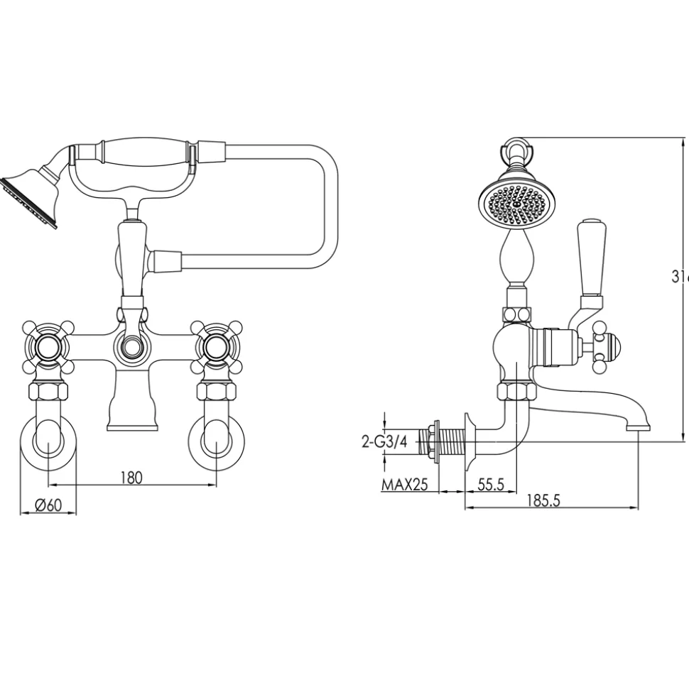JTP Grosvenor Cross Wall Mounted Bath Shower Mixer With Kit