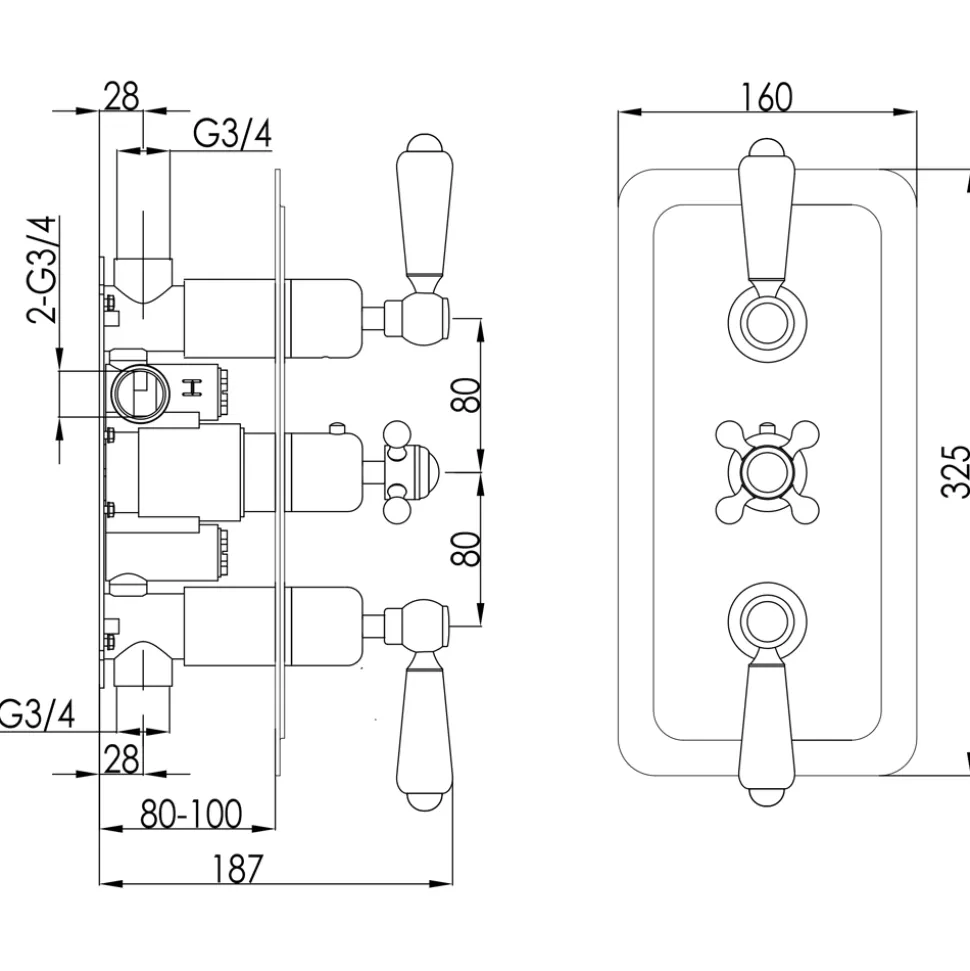 JTP Grosvenor Lever Vertical Concealed 2 Outlet 3 Control Shower Valve