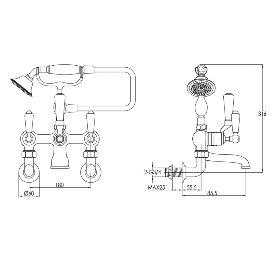 JTP Grosvenor Lever Wall Mounted Bath Shower Mixer With Kit
