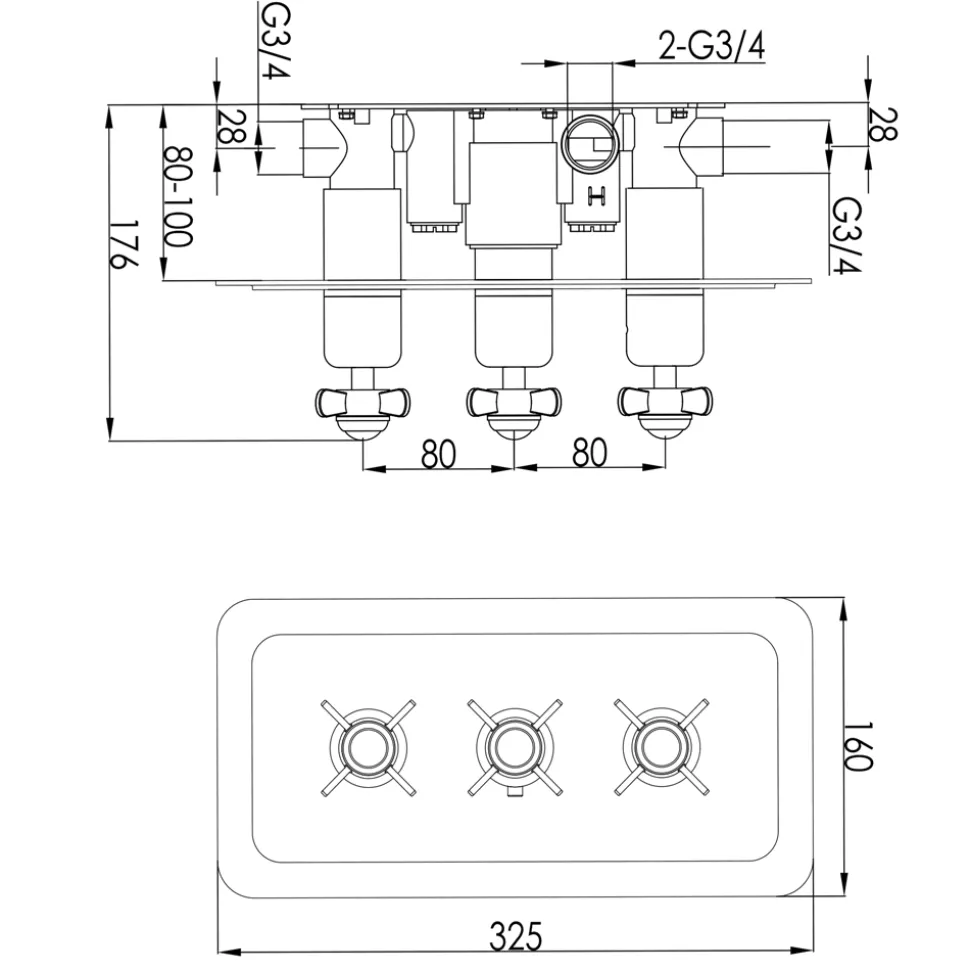 JTP Grosvenor Pinch Horizontal Concealed 3 Outlet Shower Valve