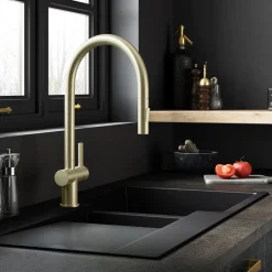 Just Taps VOS Pull Out Spray Single Lever Mono Kitchen Mixer - Brushed Brass