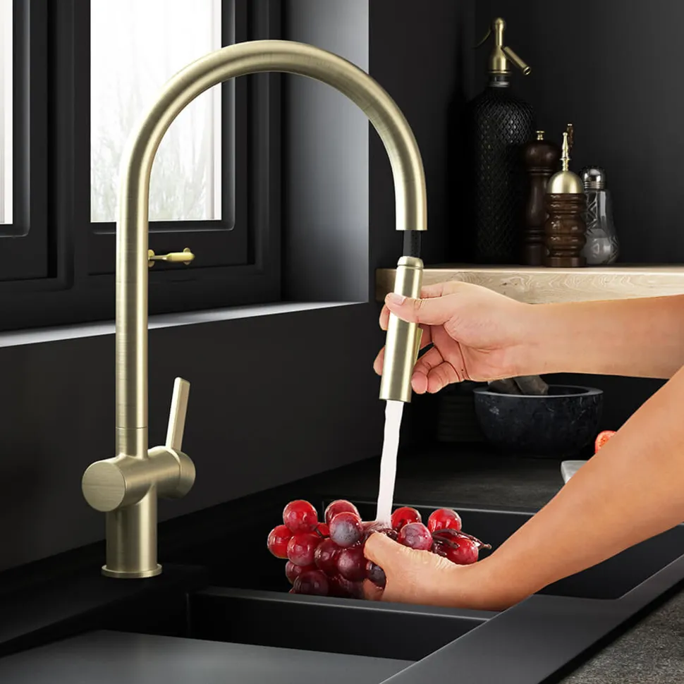 Just Taps VOS Pull Out Spray Single Lever Mono Kitchen Mixer - Brushed Brass
