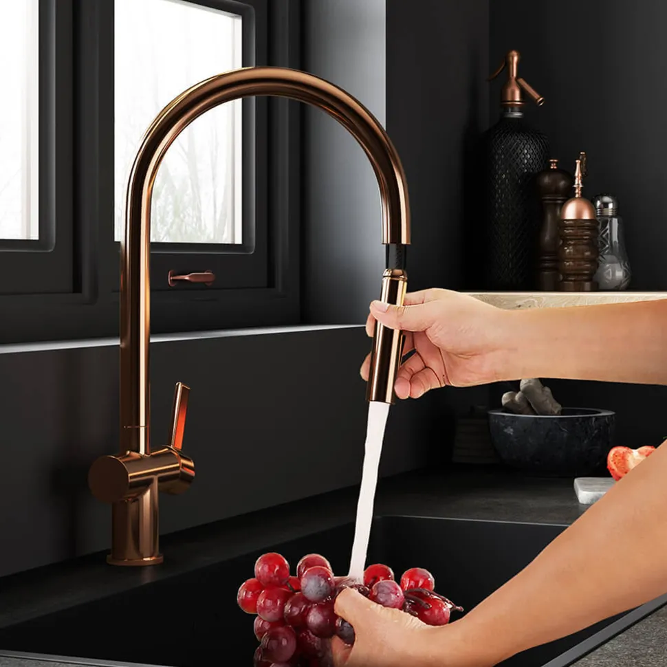 Just Taps VOS Pull Out Spray Single Lever Mono Kitchen Mixer - Rose Gold