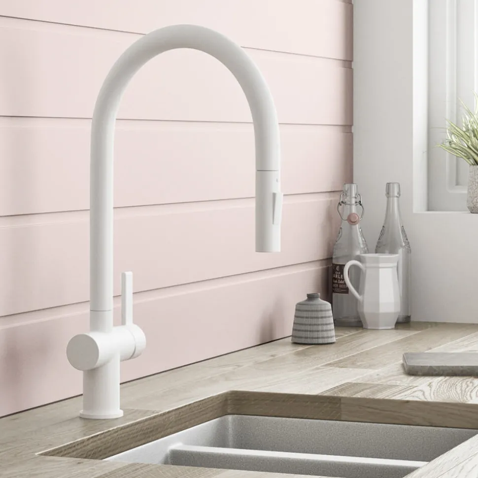 Just Taps VOS Pull Out Spray Single Lever Mono Kitchen Mixer - Matt White