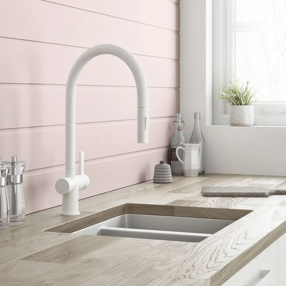 Just Taps VOS Pull Out Spray Single Lever Mono Kitchen Mixer - Matt White