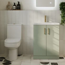 Lorraine Rimless Toilet & Vanity Unit Bathroom Suite with Brushed Brass Handles