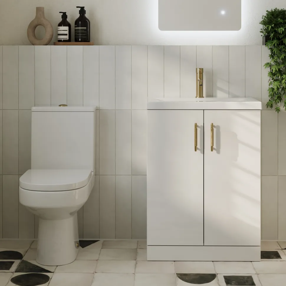 Lorraine Rimless Toilet & Vanity Unit Bathroom Suite with Brushed Brass Handles