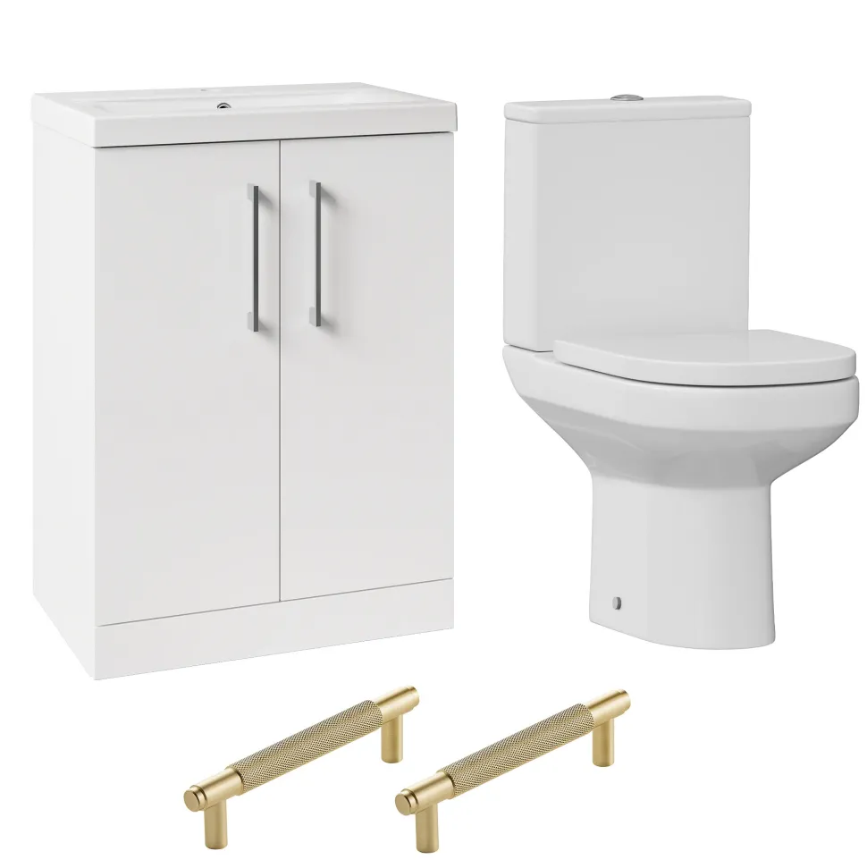 Lorraine Rimless Toilet & Vanity Unit Bathroom Suite with Brushed Brass Handles