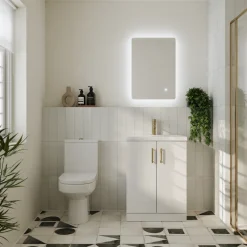 Lorraine Rimless Toilet & Vanity Unit Bathroom Suite with Brushed Brass Handles