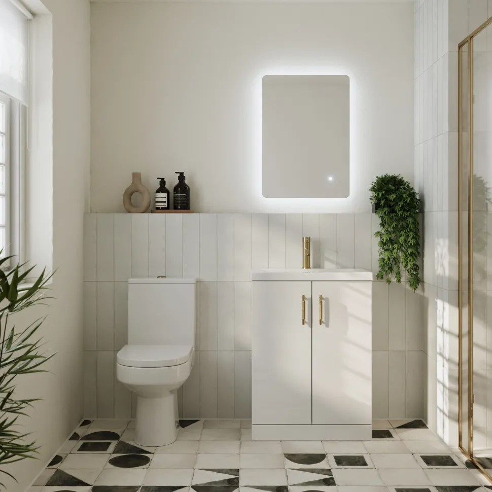 Lorraine Rimless Toilet & Vanity Unit Bathroom Suite with Brushed Brass Handles