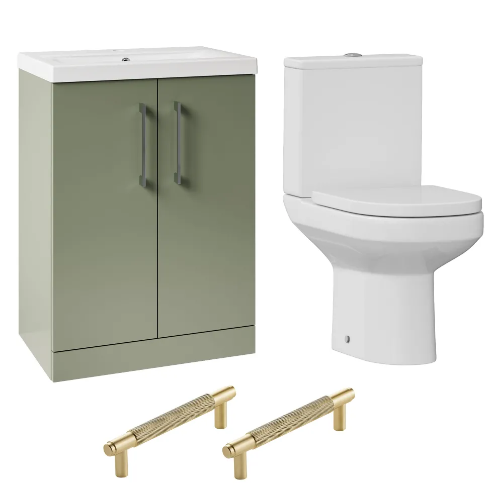 Lorraine Rimless Toilet & Vanity Unit Bathroom Suite with Brushed Brass Handles