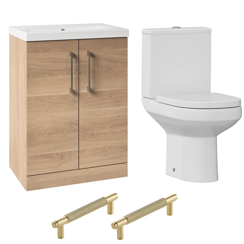 Lorraine Rimless Toilet & Vanity Unit Bathroom Suite with Brushed Brass Handles