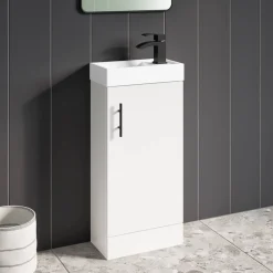 Maisie Compact 400mm Mini Cloakroom Floorstanding Vanity Unit with Black Handle & Basin - Gloss White