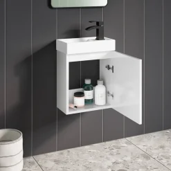 Maisie Compact 400mm Mini Cloakroom Wall Hung Vanity Unit with Black Handle & Basin - Gloss White