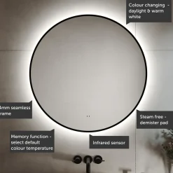 Marcos LED Illuminated Round Framed Mirror with Demister Pad & Colour Change Lights - 800mm