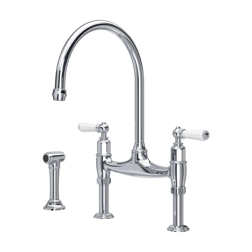 Perrin & Rowe Ionian Lever 2 Hole Bridge Sink Mixer with Pull-Out Hand Rinse
