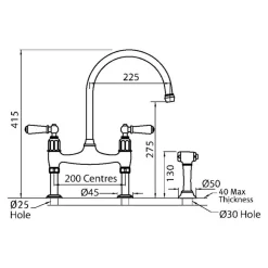 Perrin & Rowe Ionian Lever 2 Hole Bridge Sink Mixer with Pull-Out Hand Rinse
