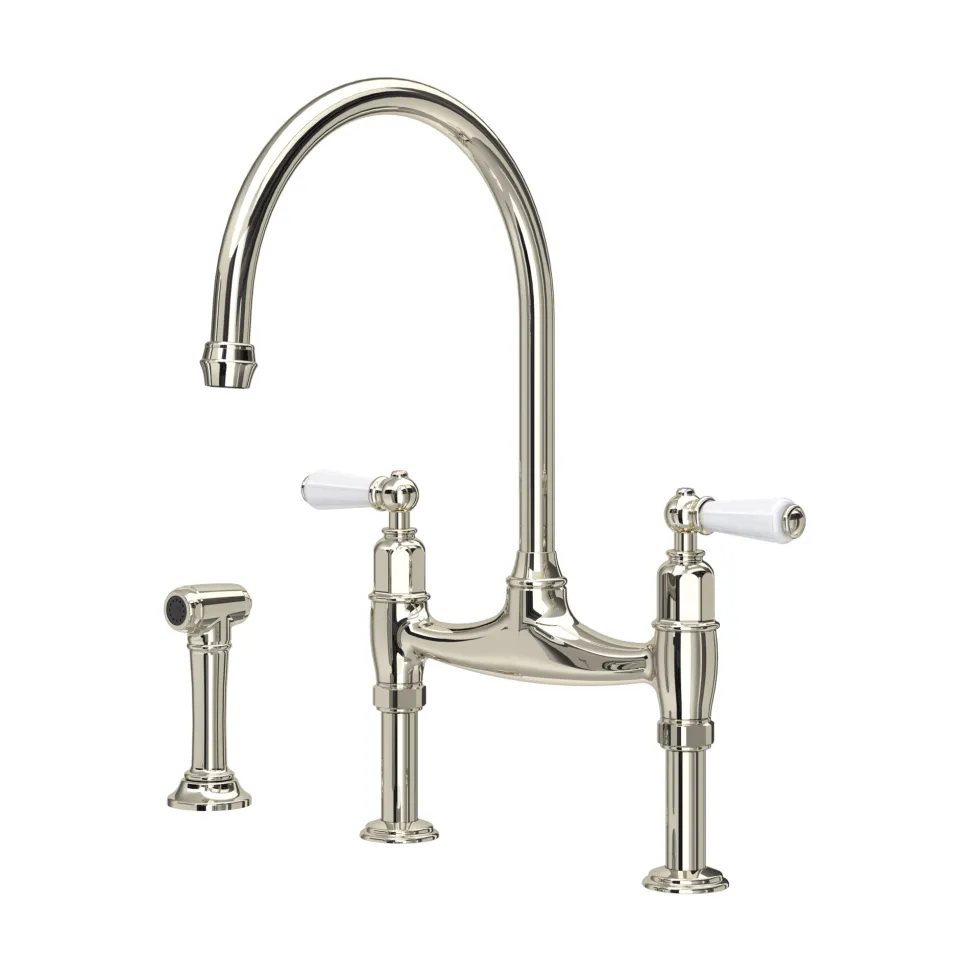 Perrin & Rowe Ionian Lever 2 Hole Bridge Sink Mixer with Pull-Out Hand Rinse