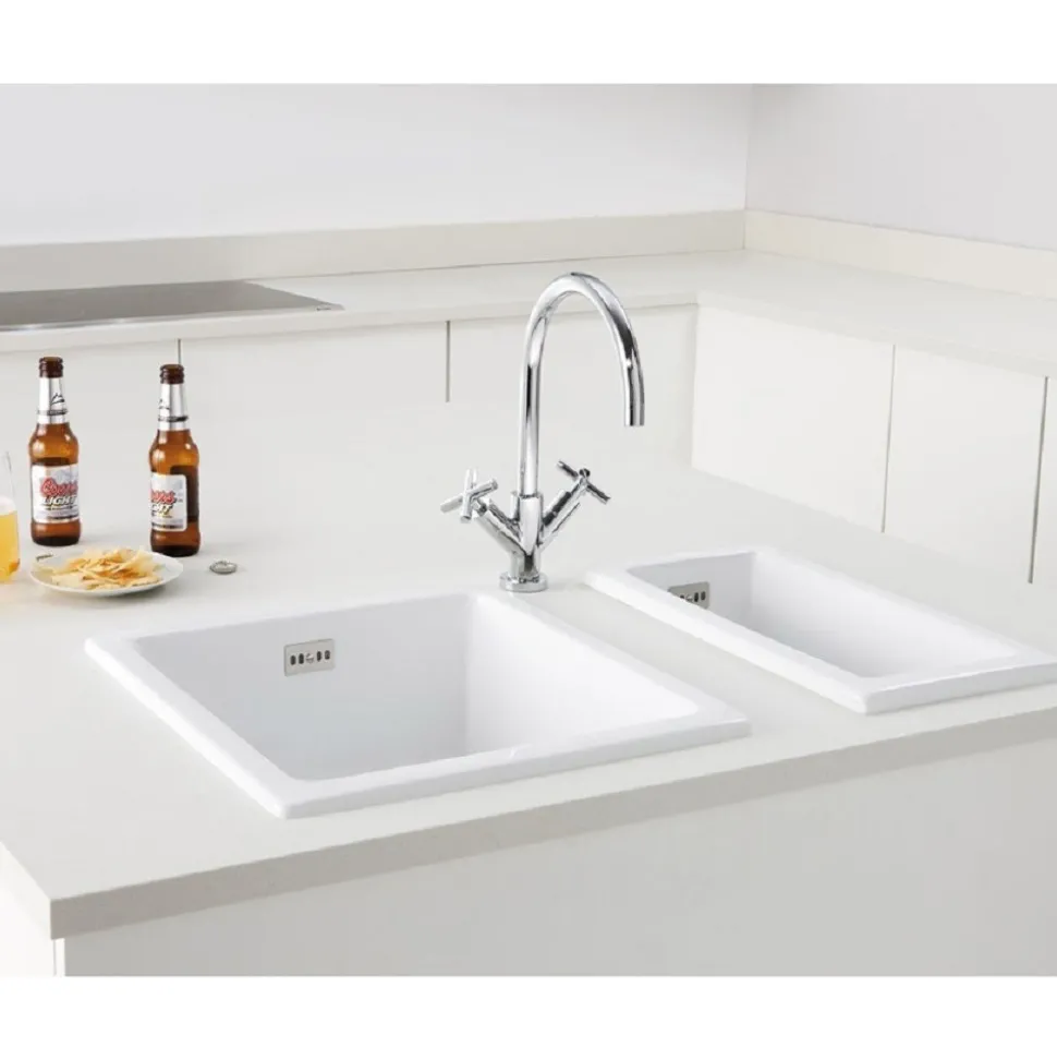 RAK Square Inset or Undermount White Ceramic Kitchen Sink & Waste - 450mm x 475mm