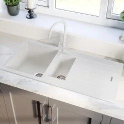 Rangemaster Andesite 1.5 Bowl Granite Crystal White Sink & Waste Kit with Reversible Drainer - 1000 x 500mm