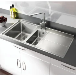 Rangemaster Arlington 1.5 Bowl Brushed Stainless Steel Sink & Waste Kit with Right Hand Drainer - 985 x 508mm