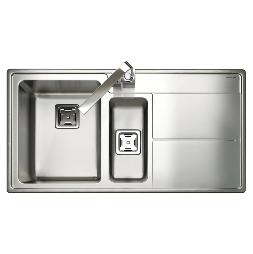 Rangemaster Arlington 1.5 Bowl Brushed Stainless Steel Sink & Waste Kit with Right Hand Drainer - 985 x 508mm