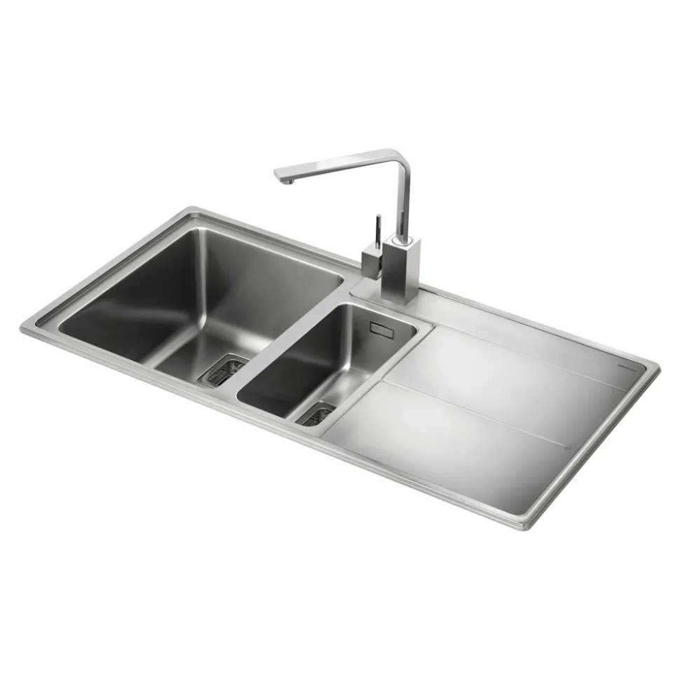 Rangemaster Arlington 1.5 Bowl Brushed Stainless Steel Sink & Waste Kit with Right Hand Drainer - 985 x 508mm