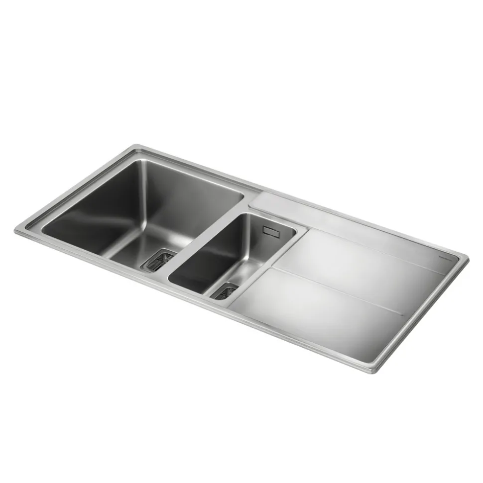 Rangemaster Arlington 1.5 Bowl Brushed Stainless Steel Sink & Waste Kit with Right Hand Drainer - 985 x 508mm