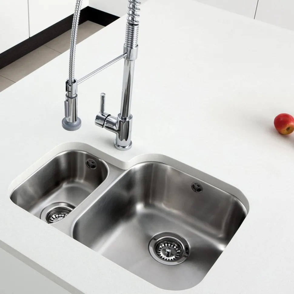 Rangemaster Atlantic Classic 1.5 Bowl Stainless Steel Undermount Sink & Waste Kit with Left Hand Small Bowl - 597 x 472mm