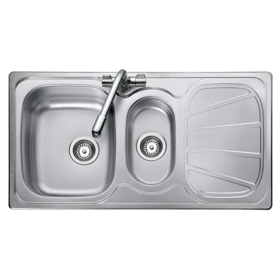 Rangemaster Baltimore 1.5 Bowl Brushed Stainless Steel Sink & Waste Kit with Reversible Drainer - 950 x 508mm