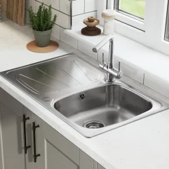 Rangemaster Baltimore Compact 1 Bowl Brushed Stainless Steel sink & Waste Kit with Reversible Drainer - 800 x 508mm