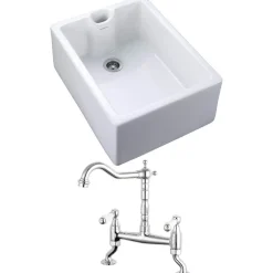 Rangemaster Classic Belfast 1 Bowl White Fireclay Ceramic Sink & Waste and Butler & Rose Carlton Traditional Kitchen Bridge Mixer - Lever Handles