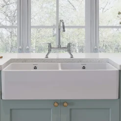 Rangemaster Double Belfast Large 2 Bowl White Ceramic Kitchen Sink & Waste Kit - 895 x 460mm