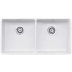 Rangemaster Double Belfast Large 2 Bowl White Ceramic Kitchen Sink & Waste Kit - 895 x 460mm