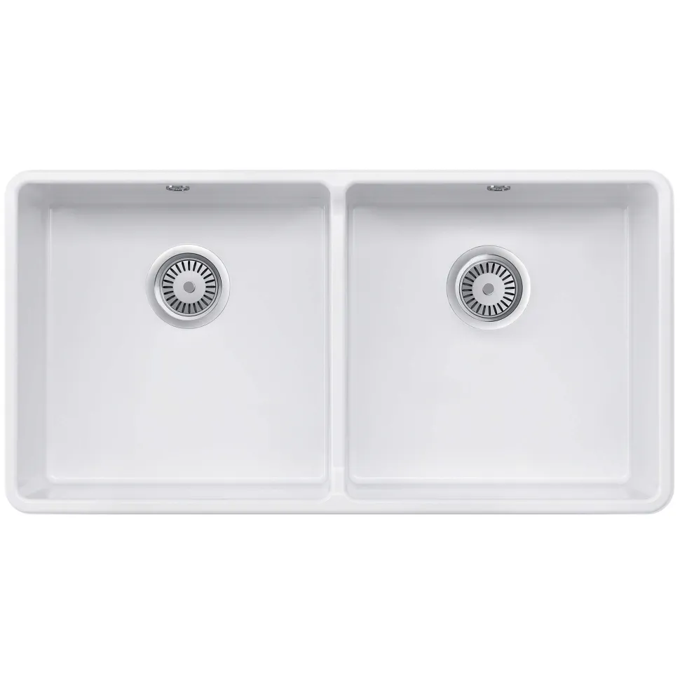 Rangemaster Double Belfast Large 2 Bowl White Ceramic Kitchen Sink & Waste Kit - 895 x 460mm
