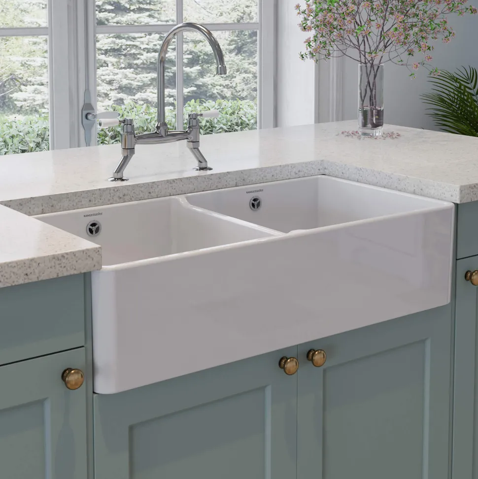 Rangemaster Double Belfast Large 2 Bowl White Ceramic Kitchen Sink & Waste Kit - 895 x 460mm