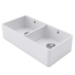 Rangemaster Double Belfast Large 2 Bowl White Ceramic Kitchen Sink & Waste Kit - 895 x 460mm